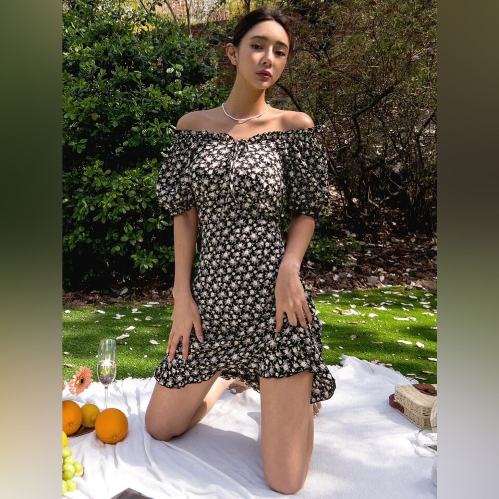 DAZY Ditsy Floral Frill Tie Front Off Shoulder Ruffle Hem Dress